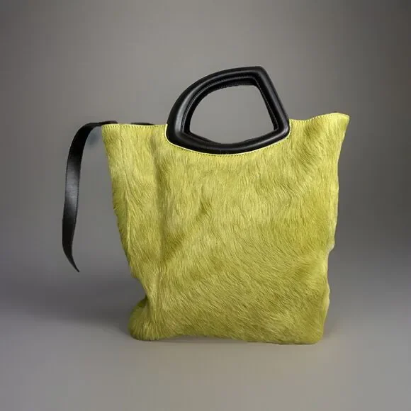 Dries Van Noten Haircalf Tote Chartreuse Green Leather Handle Rare Made Italy - Picture 13 of 17